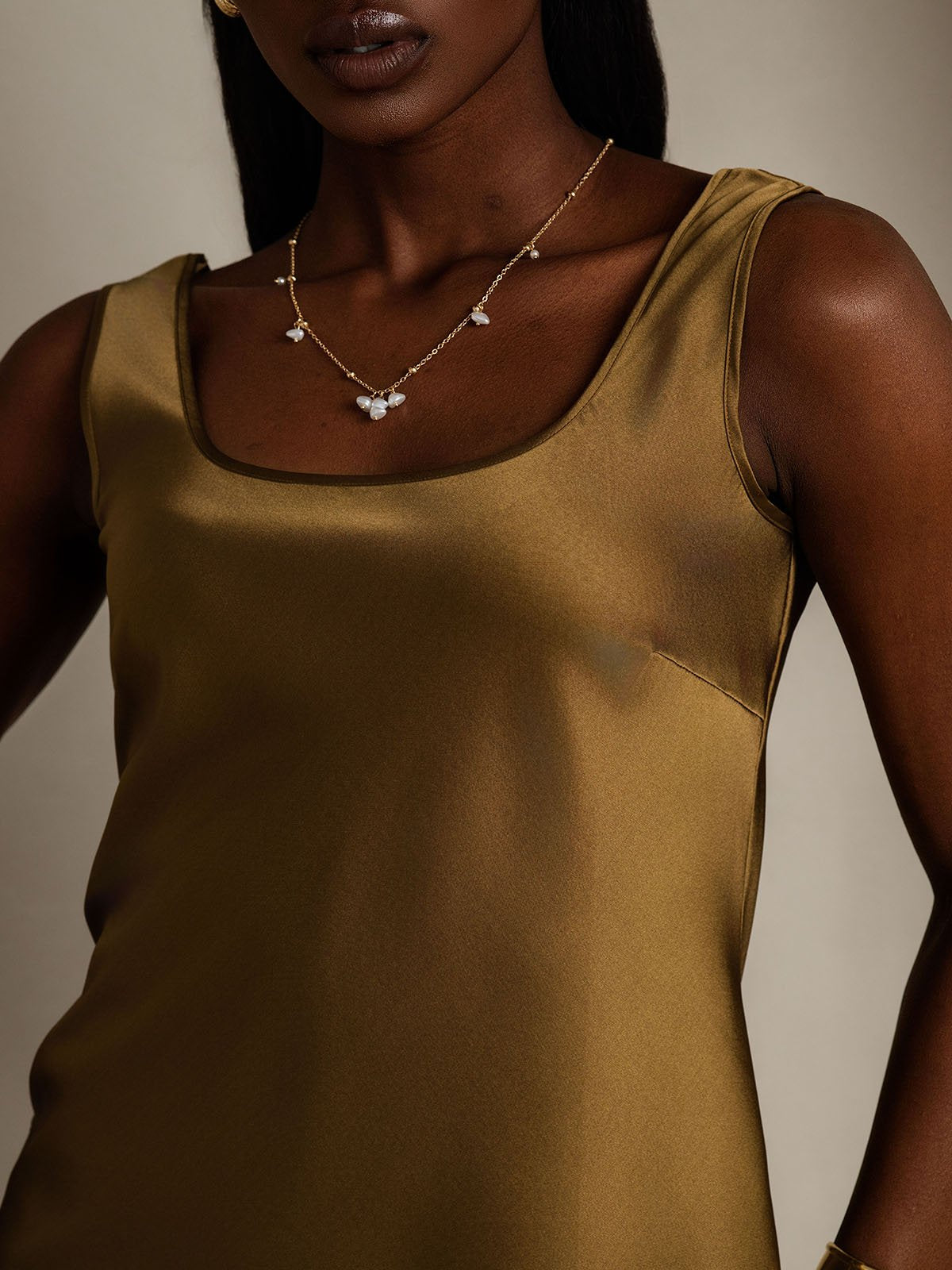 [Marrón] SilkSilky-ES 19Momme Seda Cuello en U Top de tirantes 008