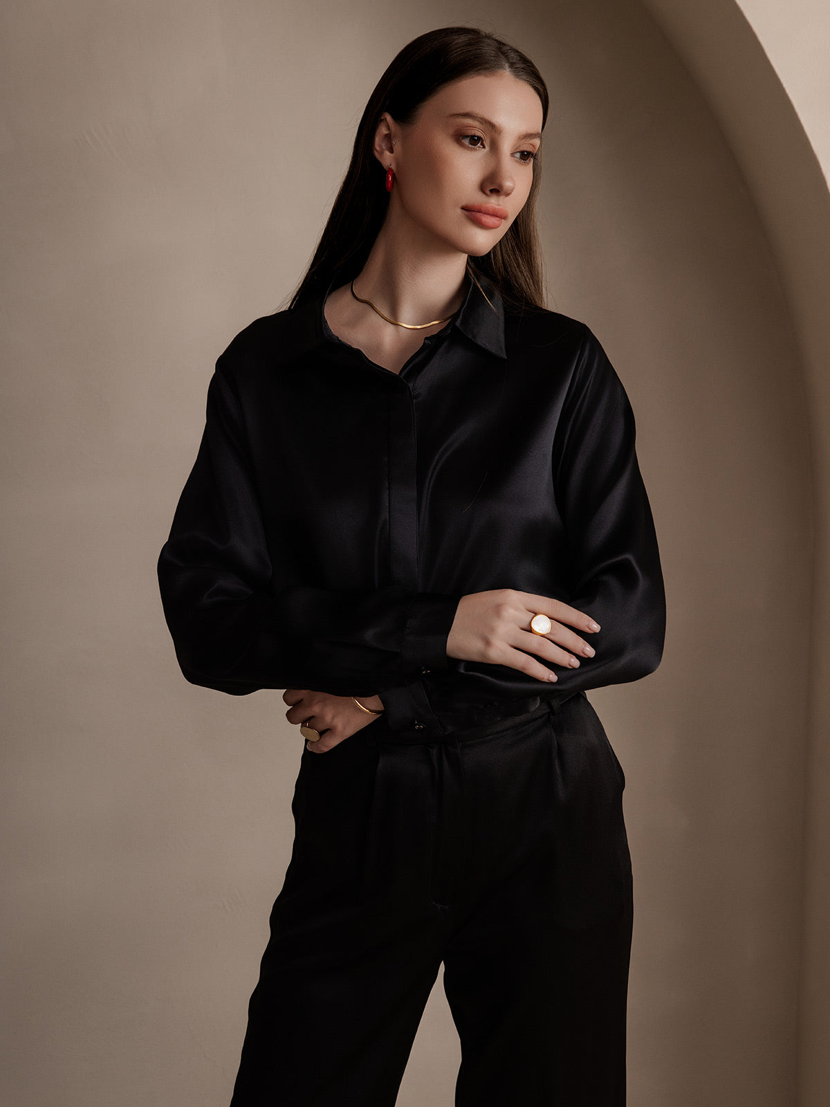 [Negro] SilkSilky-ES 19Momme Seda Lapel Collar Blusas de Mujer 003