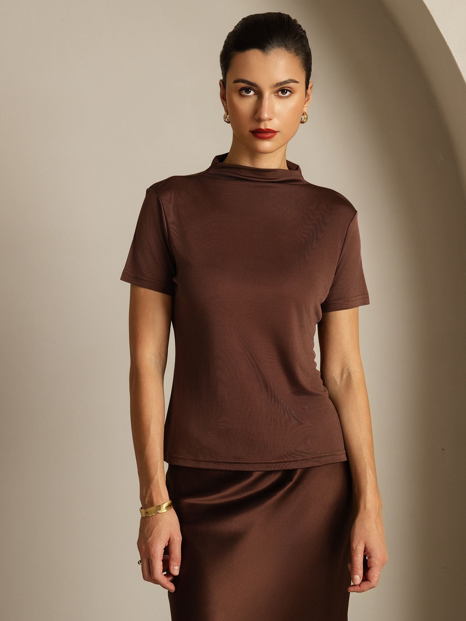 [Café] SilkSilky-ES Seda Pura Cuello Camisero Camisetas de Mujer 003