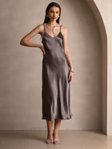 [Caqui Oscuro] SilkSilky-ES Spaghetti Strap V Neck Vestido 003