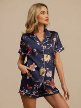 [Floral Azul Marino] SilkSilky-ES Manga corta Cuello de Muesca Pijamas de mujer 001