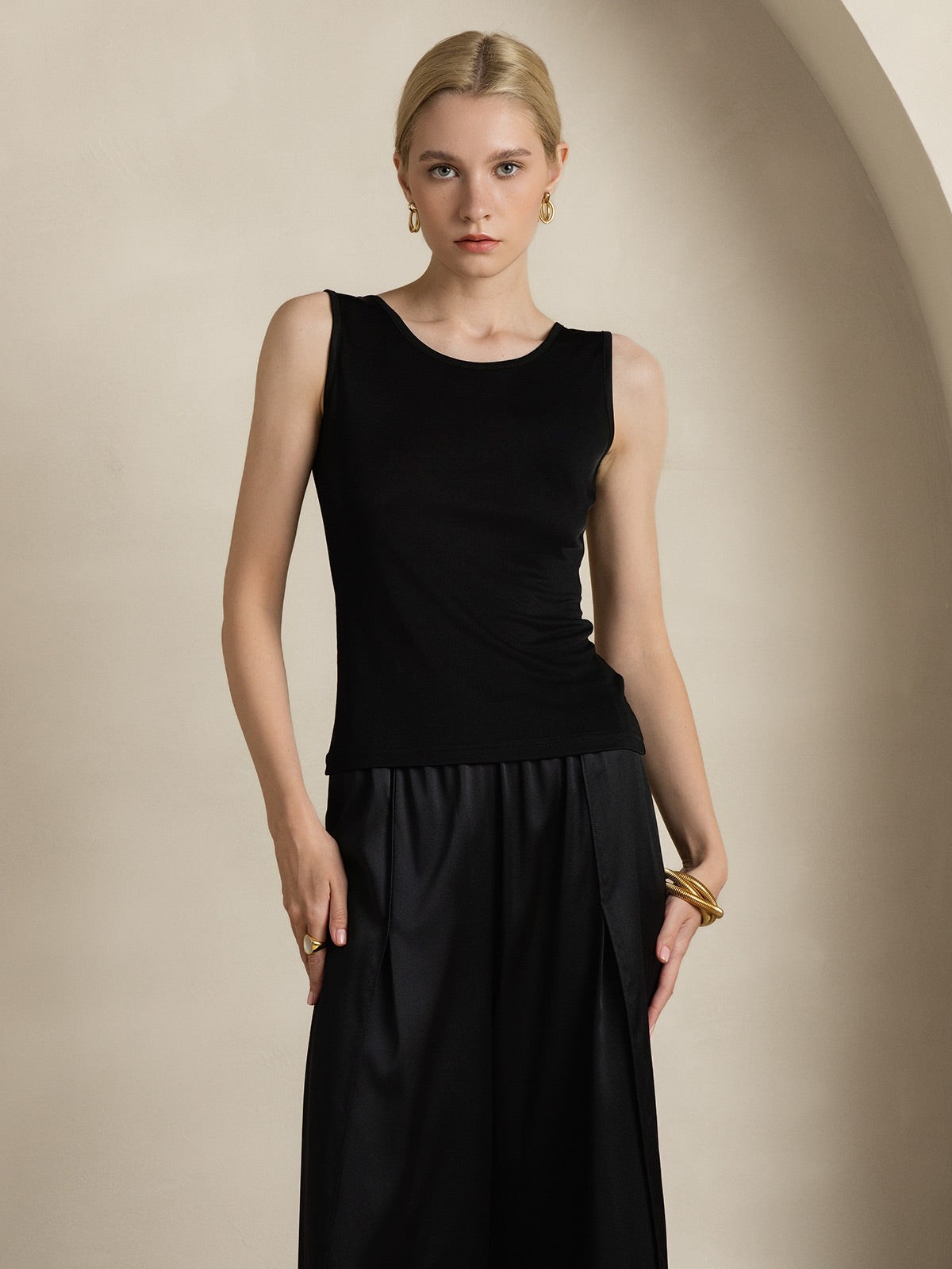 [Negro] SilkSilky-ES Tejido de seda Womens T-Shirt 001