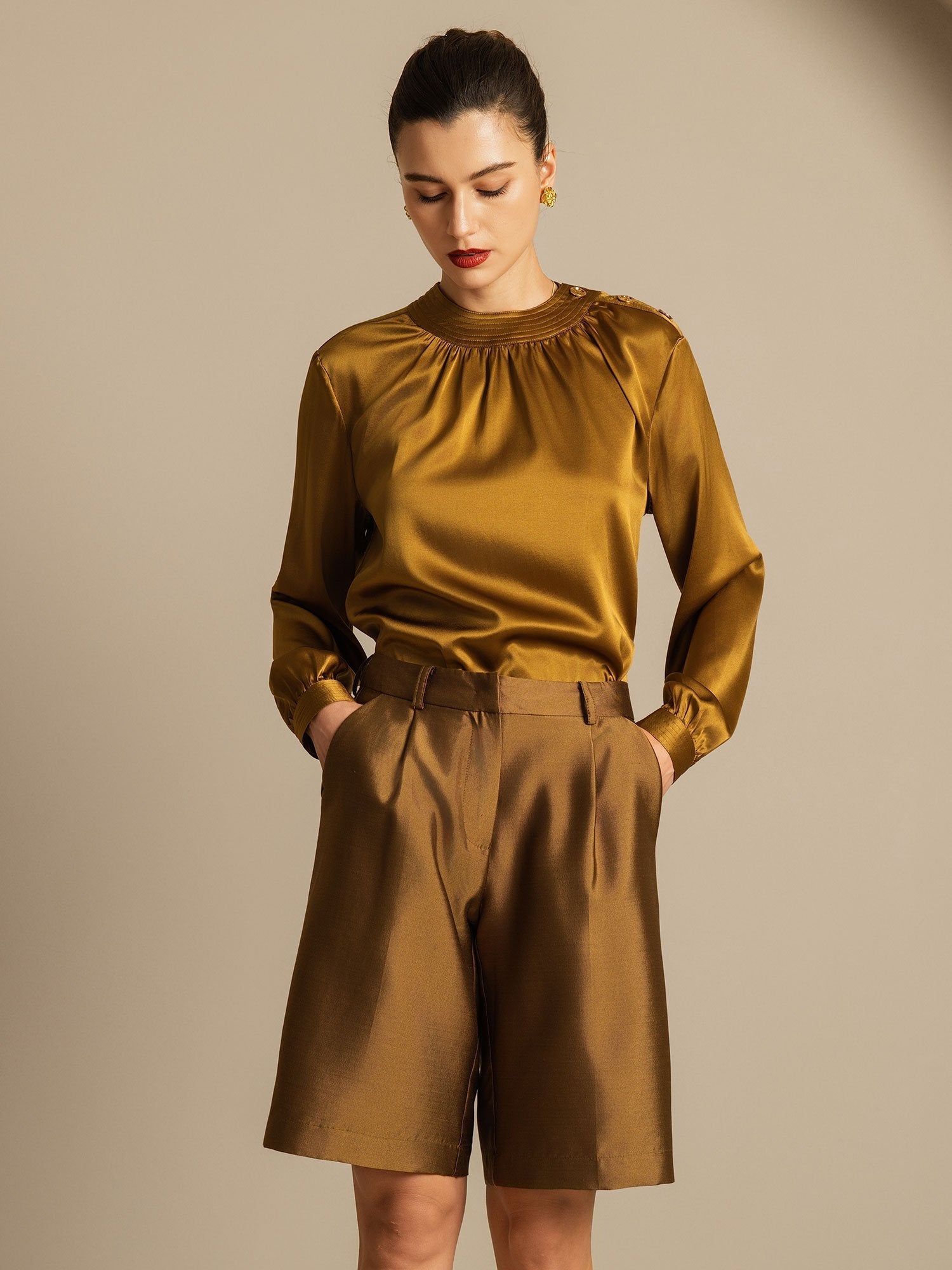 [Bronce] SilkSilky-ES 32Momme Silk-Wool Blend Womens Shorts 005,