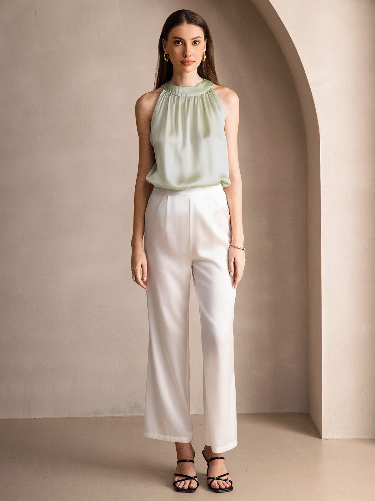 [Verde Claro] SilkSilky-ES 19Momme Seda Sin mangas Womens T-Shirt 006