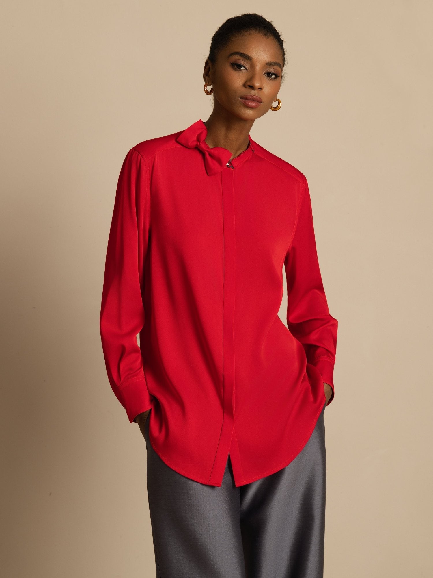 [Vino] SilkSilky-ES 19Momme Seda Manga larga Cuello Alto Blusa 001