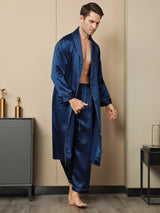 [Azul Oscuro] SilkSilky-ES Seda Pura Manga larga Solapa Bata de hombre 009