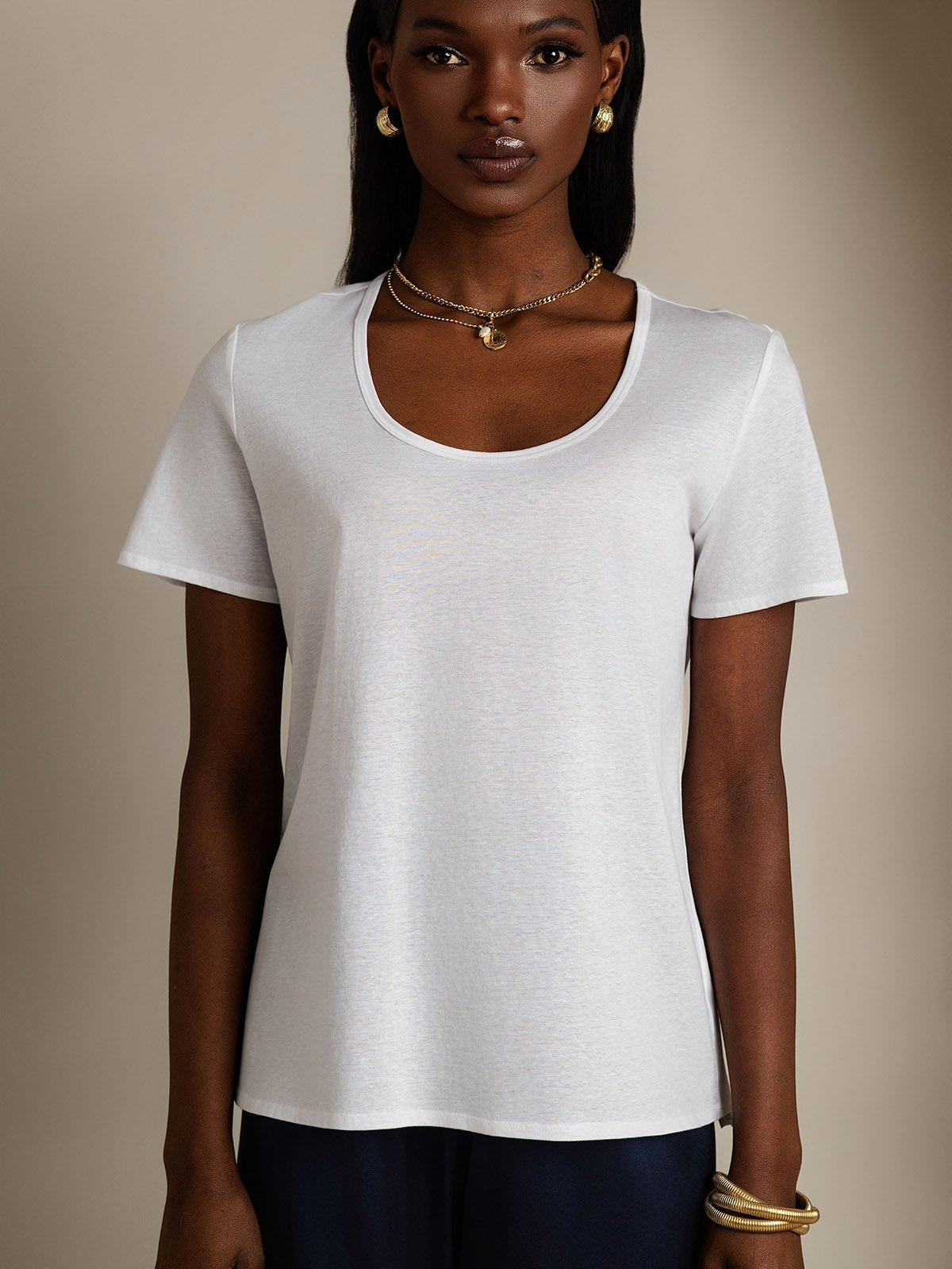 SilkSilky-ES Seda Manga corta Cuello en U Camisetas de Mujer Blanco 007