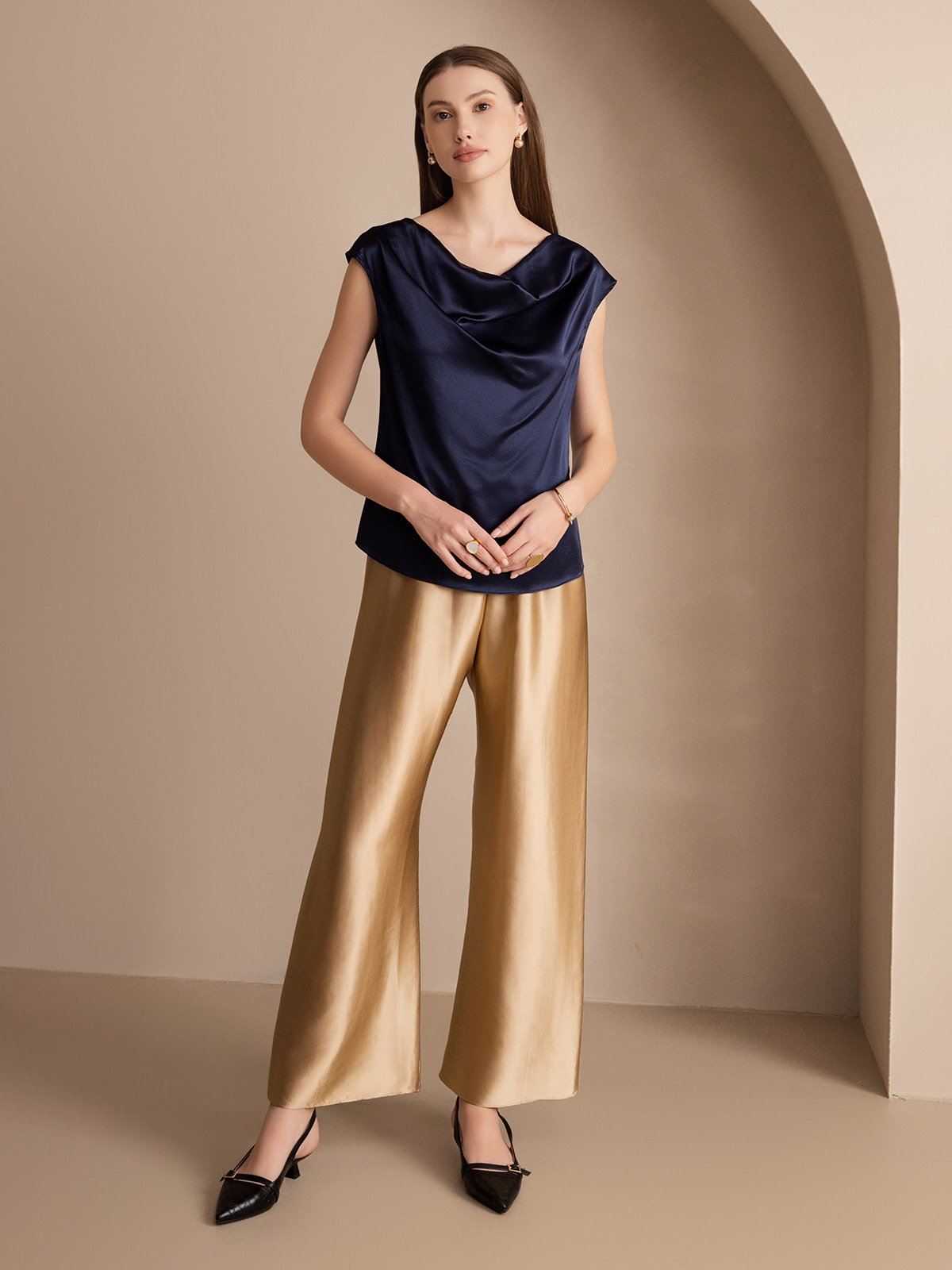 [Azul Oscuro] SilkSilky-ES 19Momme Seda Escote Caído Camisetas de Mujer 005