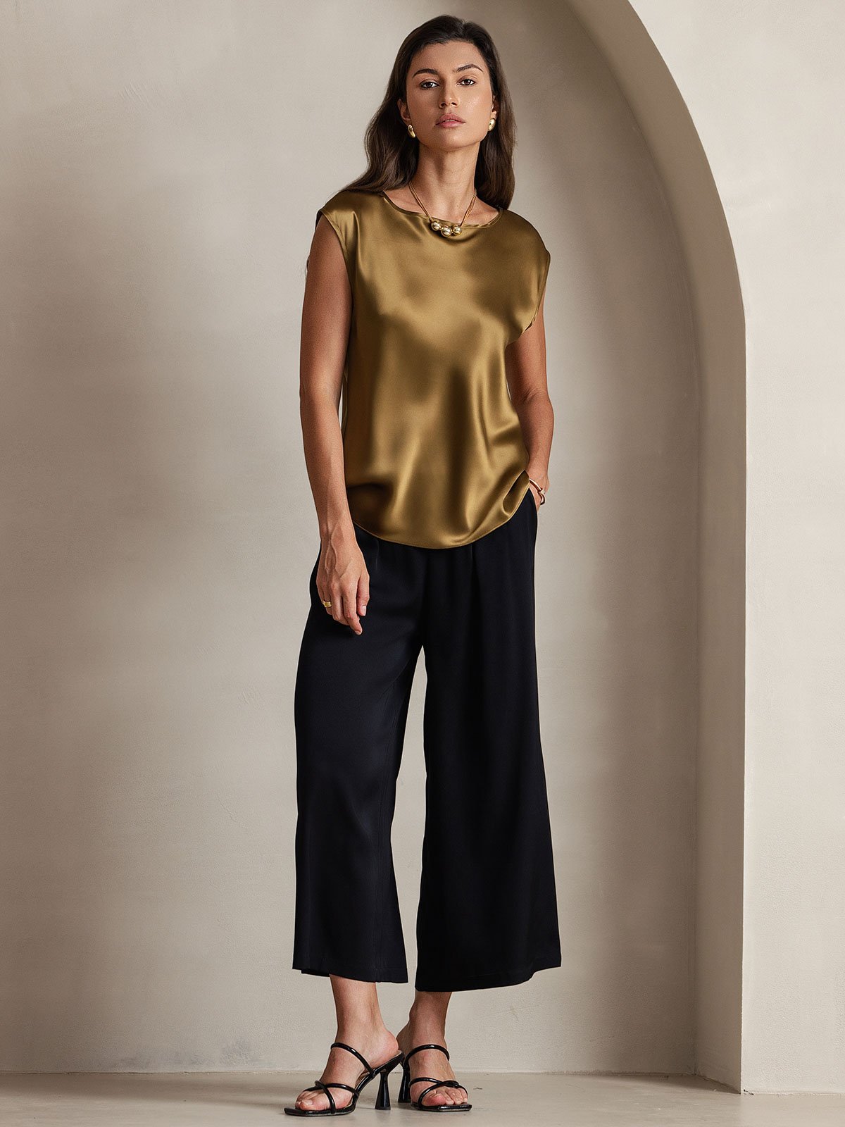 [Marrón] SilkSilky-ES 19Momme Seda Womens T-Shirt 004
