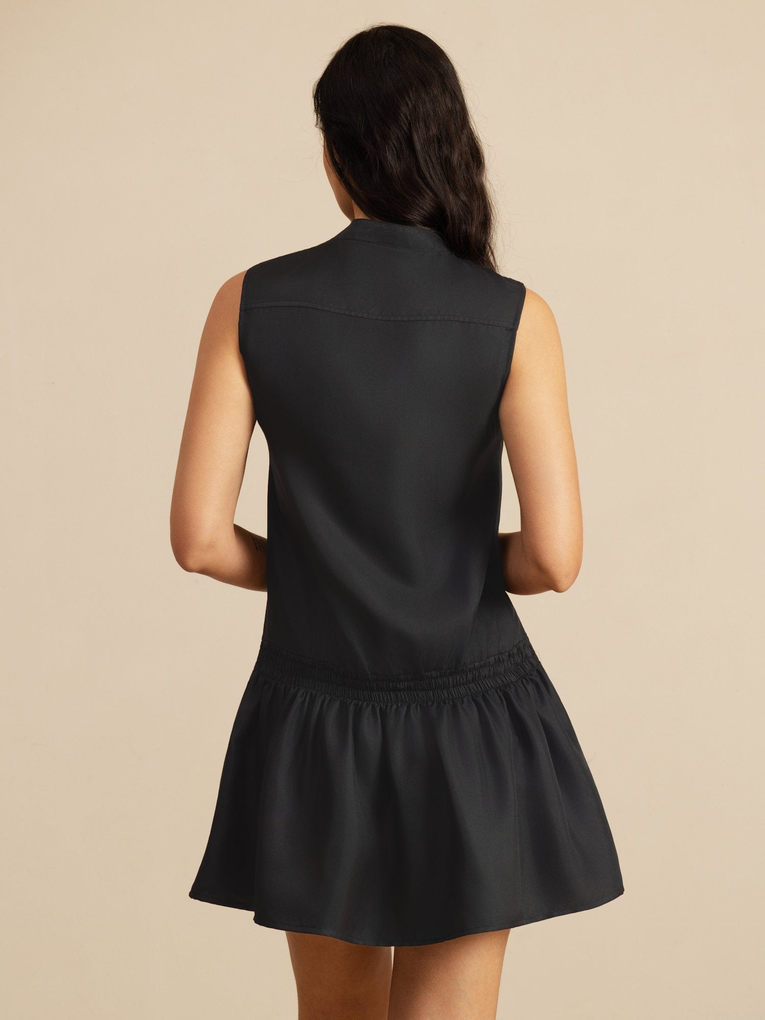 [Negro] SilkSilky-ES 18Momme Sin mangas Cuello Alto Vestido 002