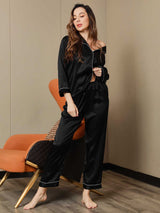 [Negro] SilkSilky-ES Long Sleeve Lapel Collar Pijamas de mujer 006