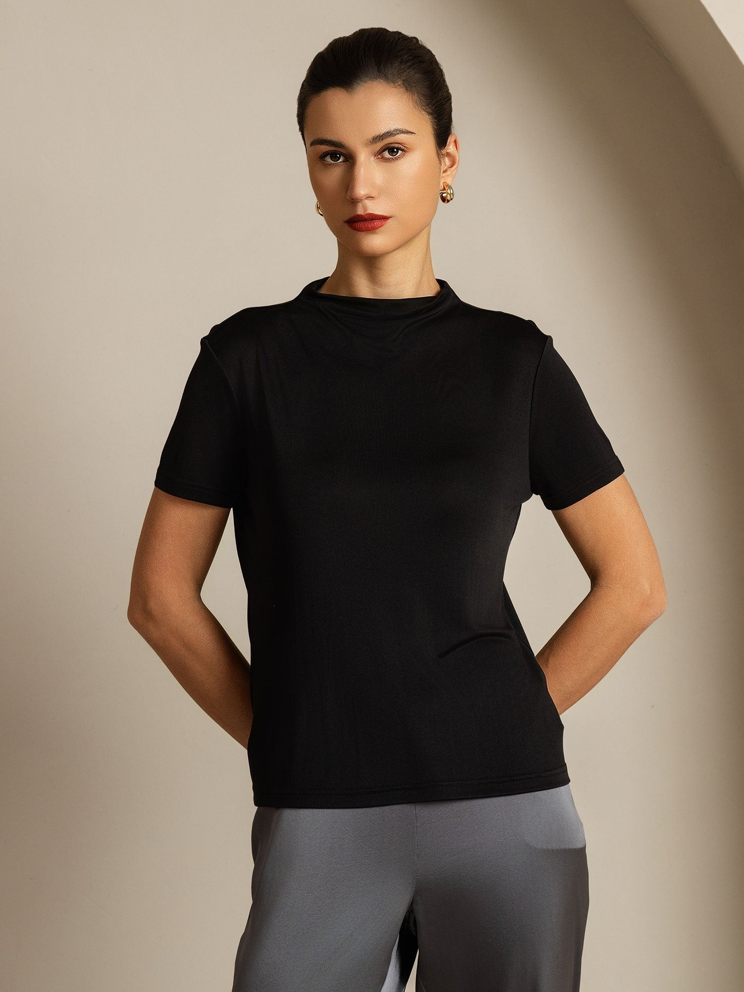 [Negro] SilkSilky-ES Seda Pura Cuello Camisero Camisetas de Mujer 005