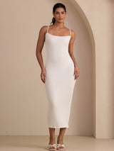 [Blanco] SilkSilky-ES Spaghetti Strap Boat Neck Vestido 001