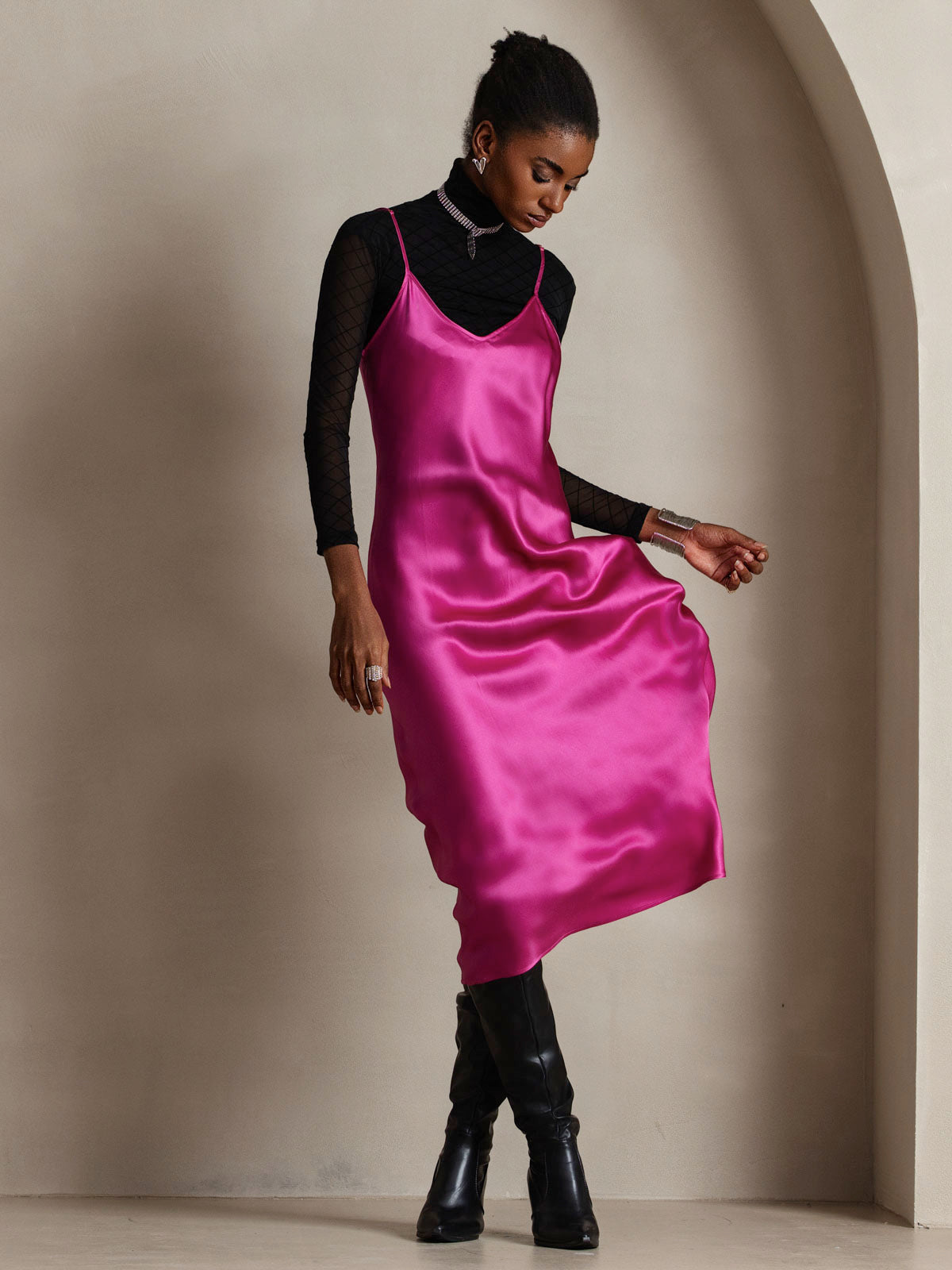 [Rosa Roja] SilkSilky-ES Spalline Sottili Cuello en V Vestido 004