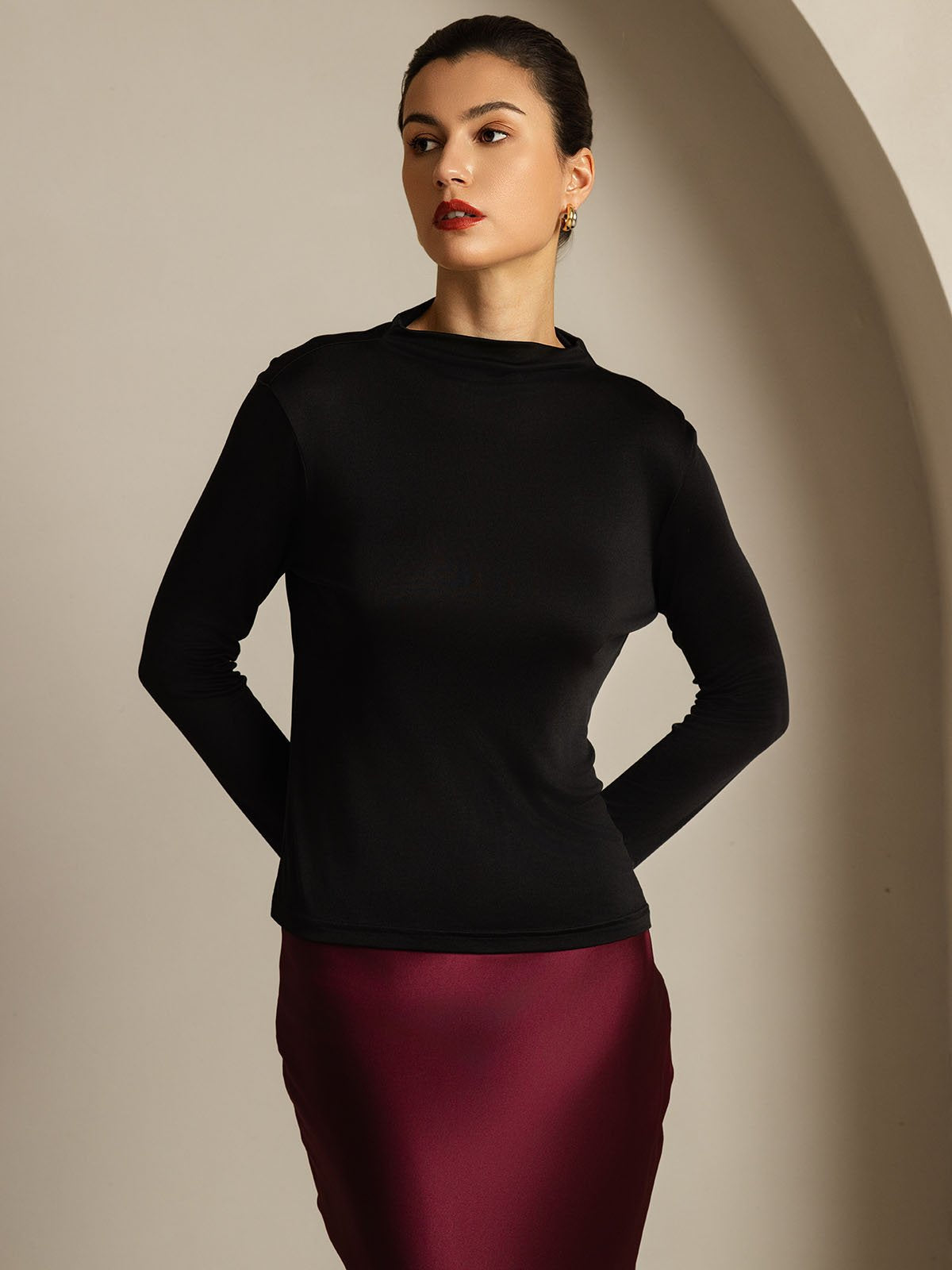 [Negro] SilkSilky-ES Seda Pura Womens T-Shirt 008