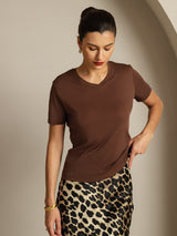 [Café] SilkSilky-ES Short Sleeve V Neck Camisetas de Mujer 003