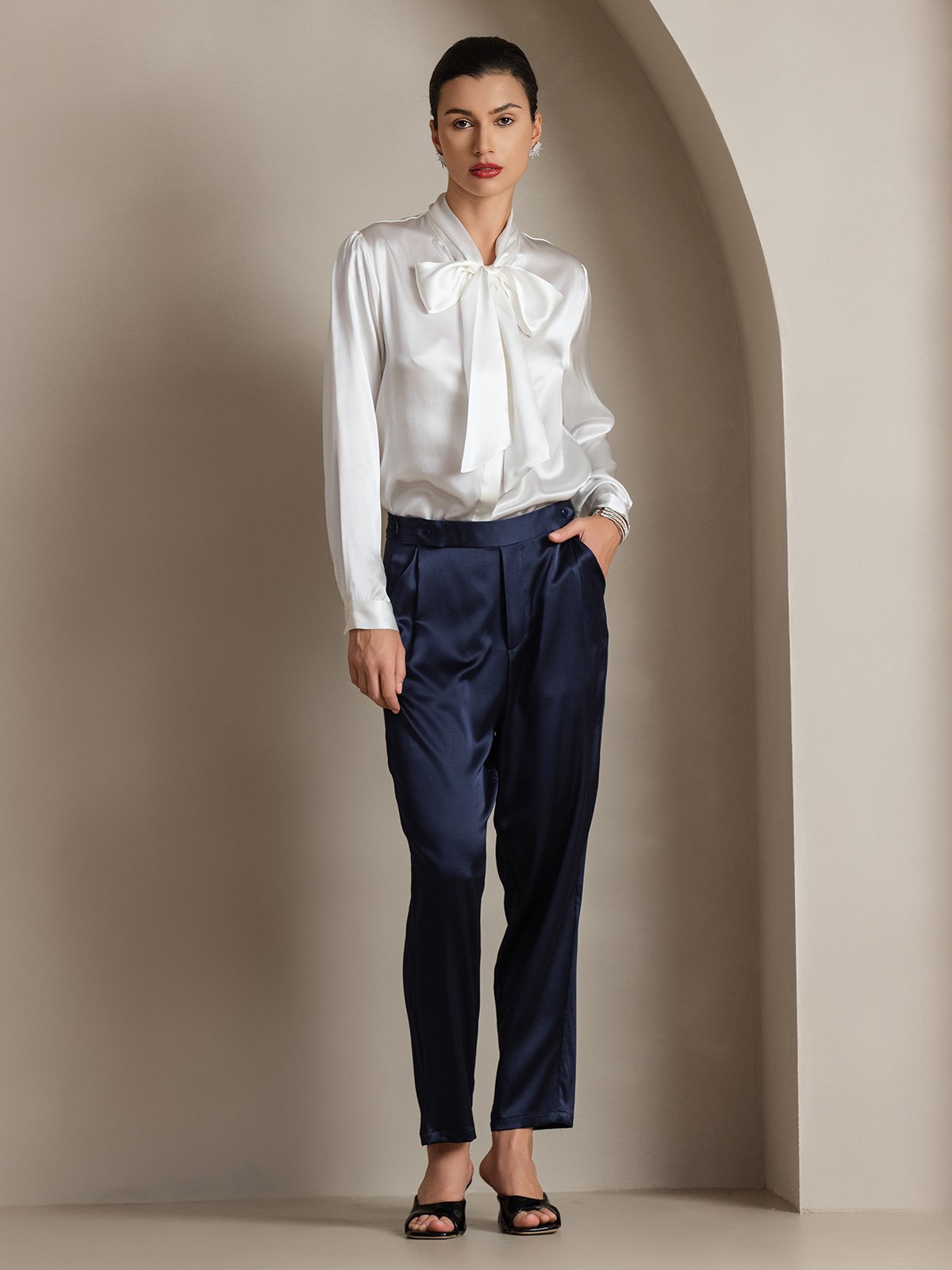 [Blanco] SilkSilky-ES 19Momme Seda Manga larga Corbata Blusas de Mujer 005