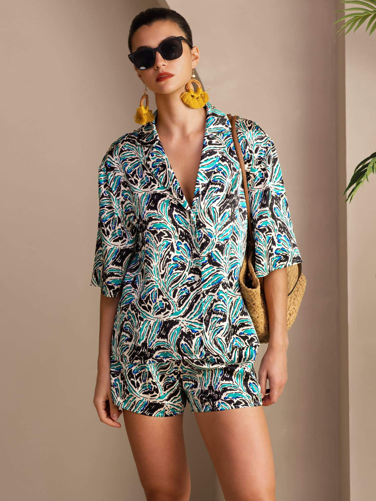 [Botánico Teal] SilkSilky-ES Short Sleeve Notch Collar Pijamas de mujer 001