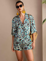 [Botánico Teal] SilkSilky-ES Short Sleeve Notch Collar Pijamas de mujer 001