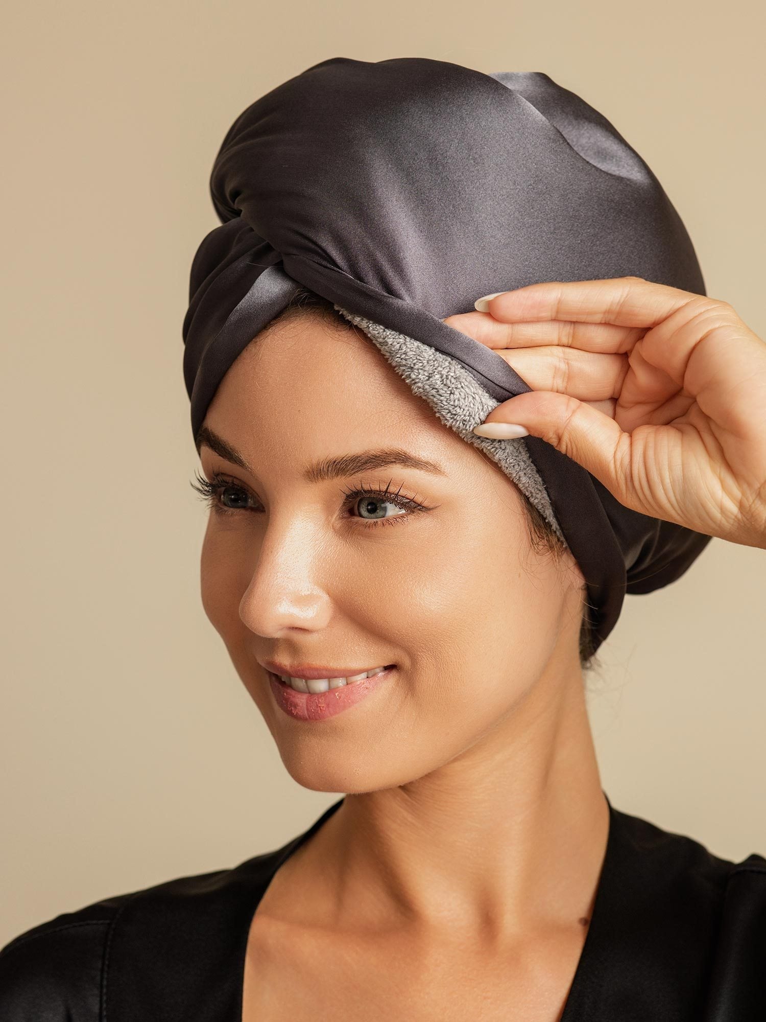 [Gris Oscuro] SilkSilky-ES Seda Pura Hair Towel Wrap 001,