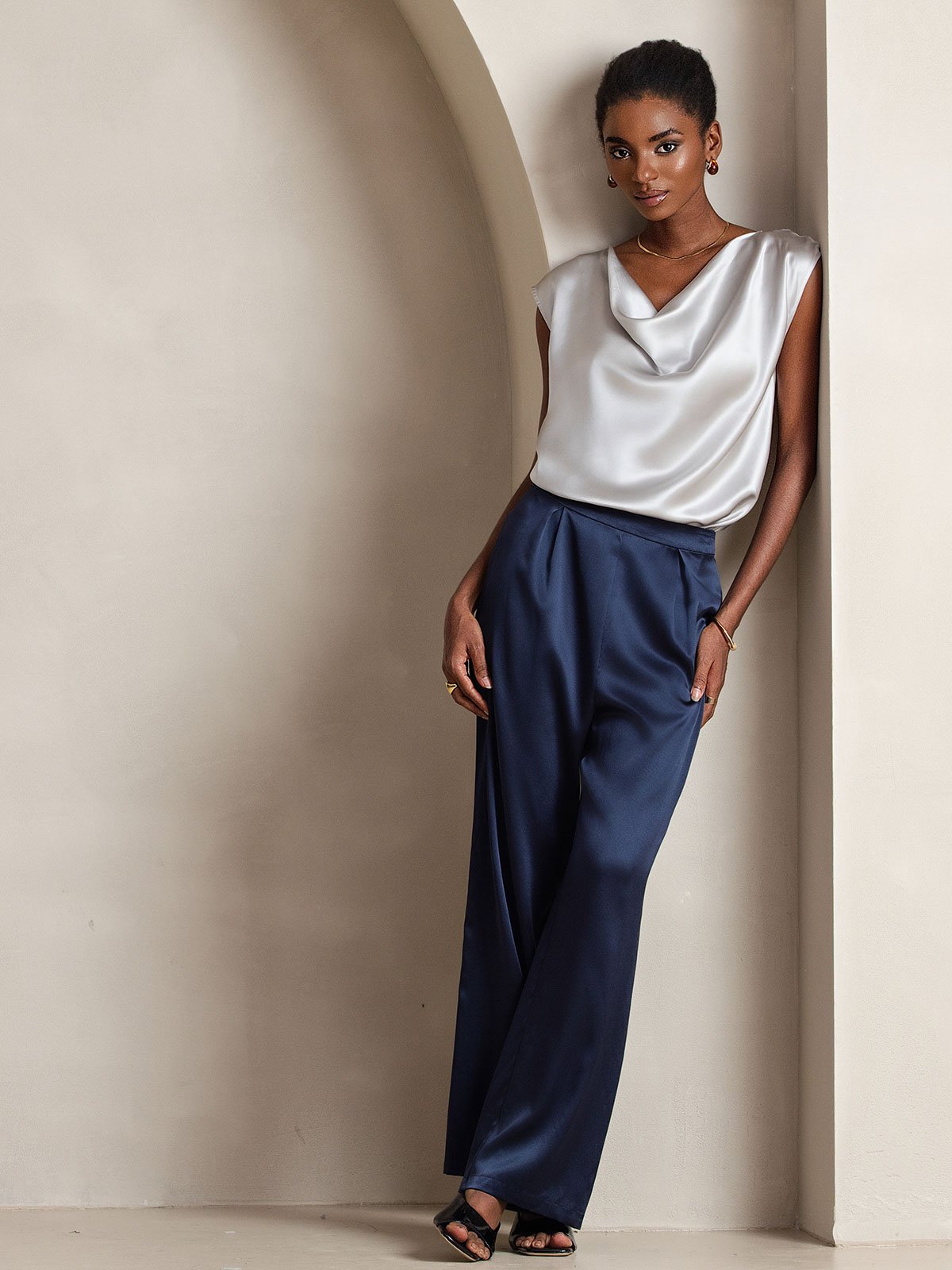 [Azul Oscuro] SilkSilky-ES 19Momme Seda Womens Pants 006
