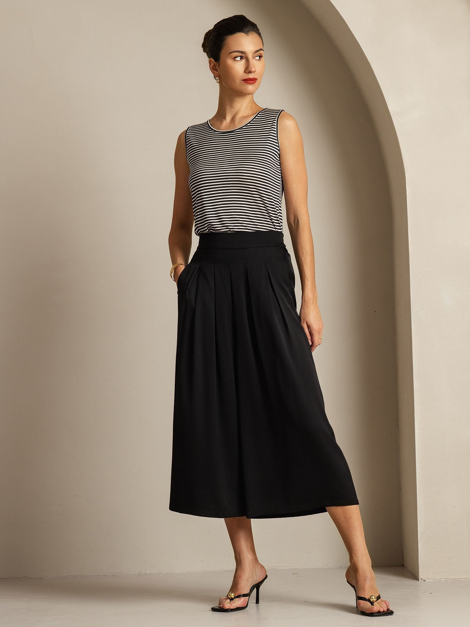 [Negro] SilkSilky-ES 19Momme Seda Womens Pants 003
