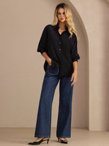 [Negro] SilkSilky-ES Long Sleeve Lapel Collar Blusas de Mujer 007