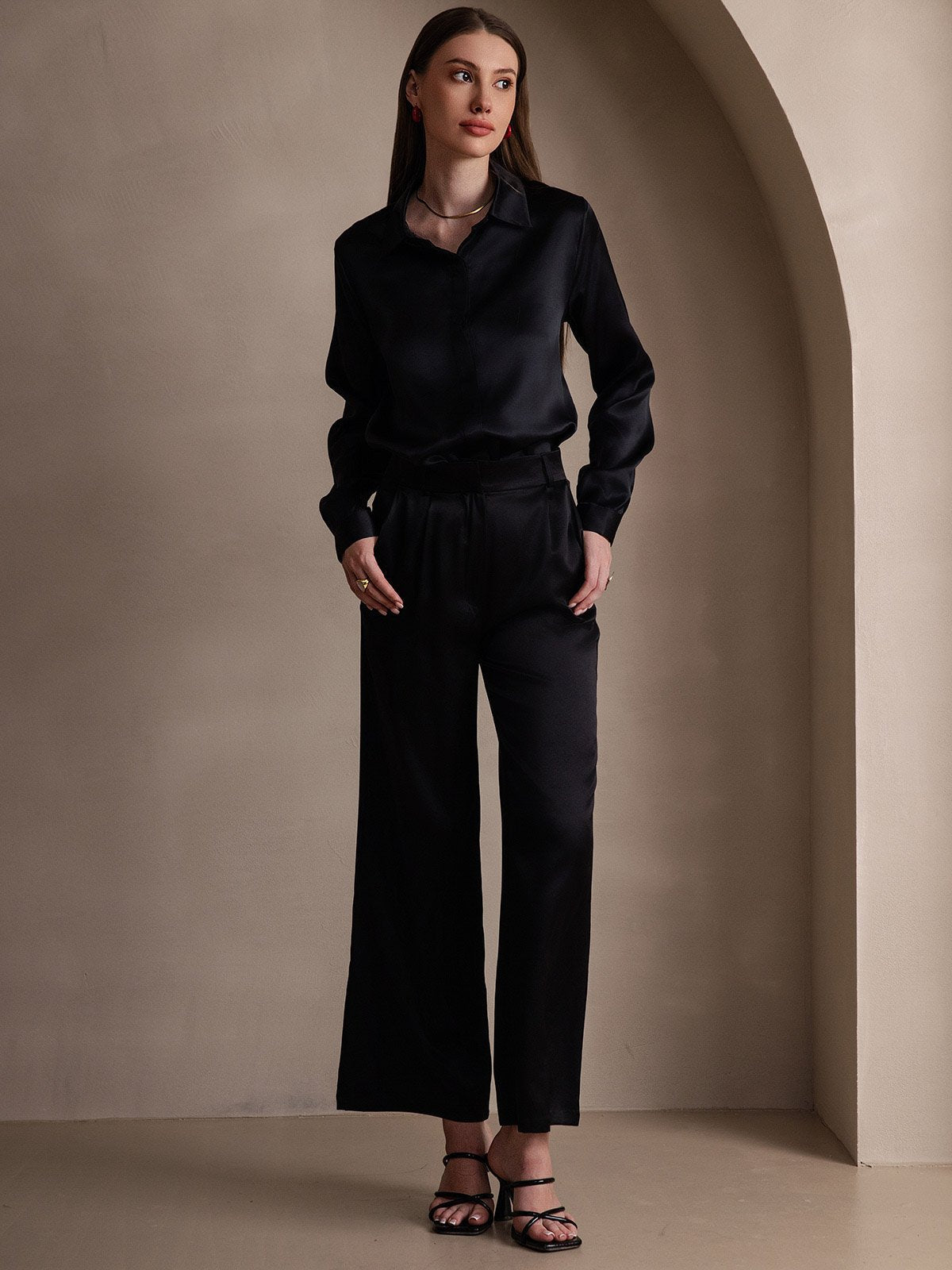 [Negro] SilkSilky-ES 19Momme Seda Manga larga Cuello Camisero Blusas de Mujer 007