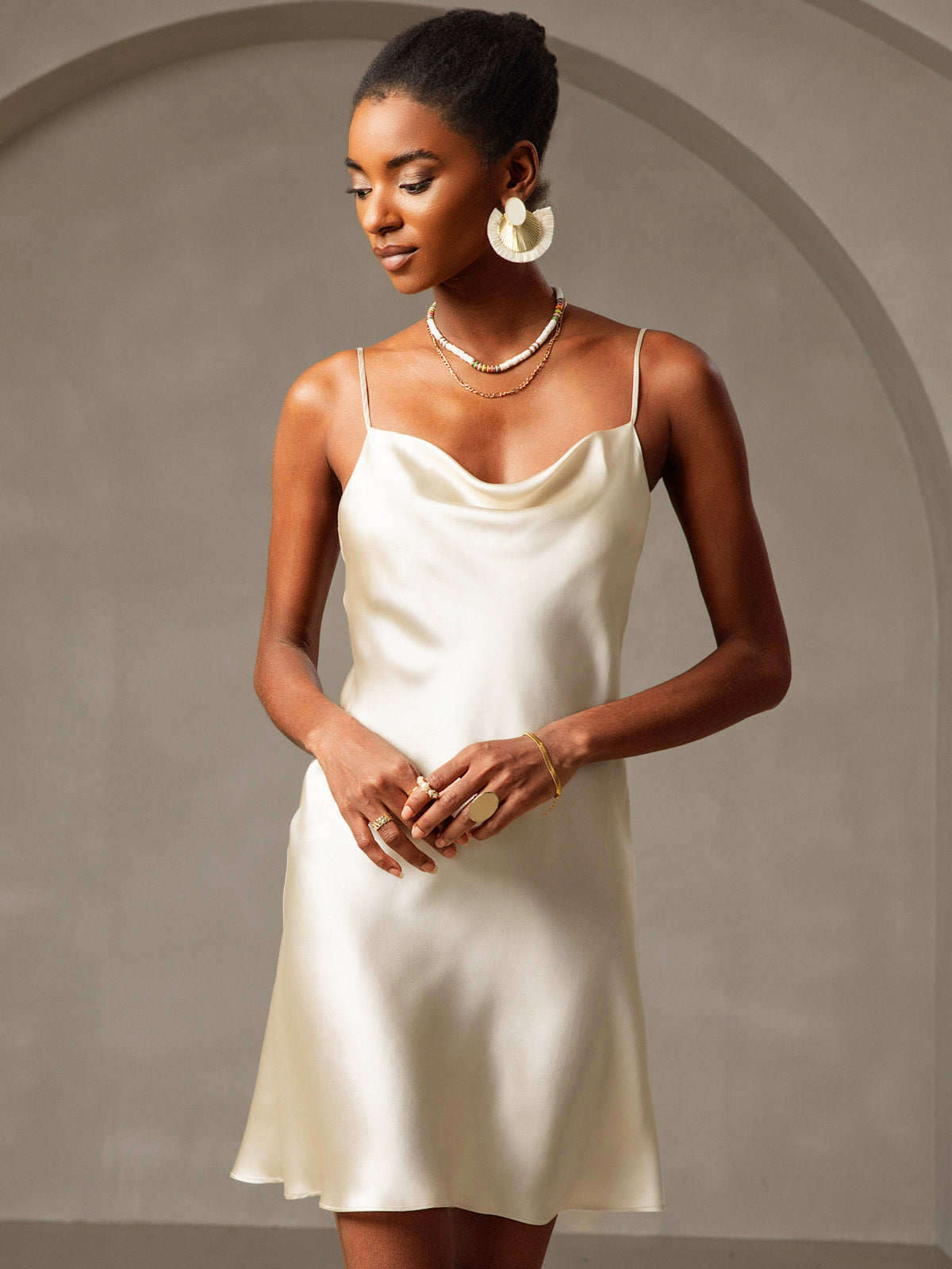 [Amarillo Claro] SilkSilky-ES Spalline Sottili Cuello Drapeado Vestido 004