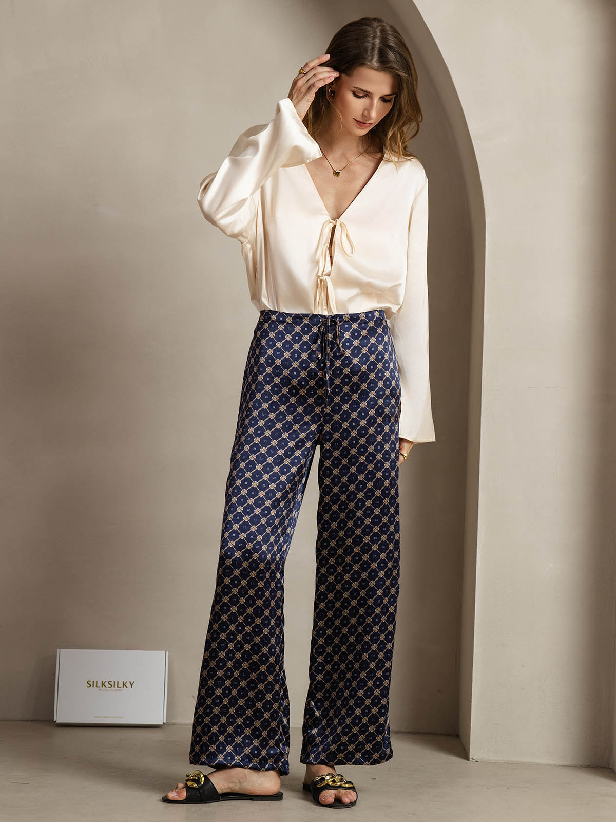 [Cadena Azul Marino] SilkSilky-ES 19Momme Seda Womens Pants 003