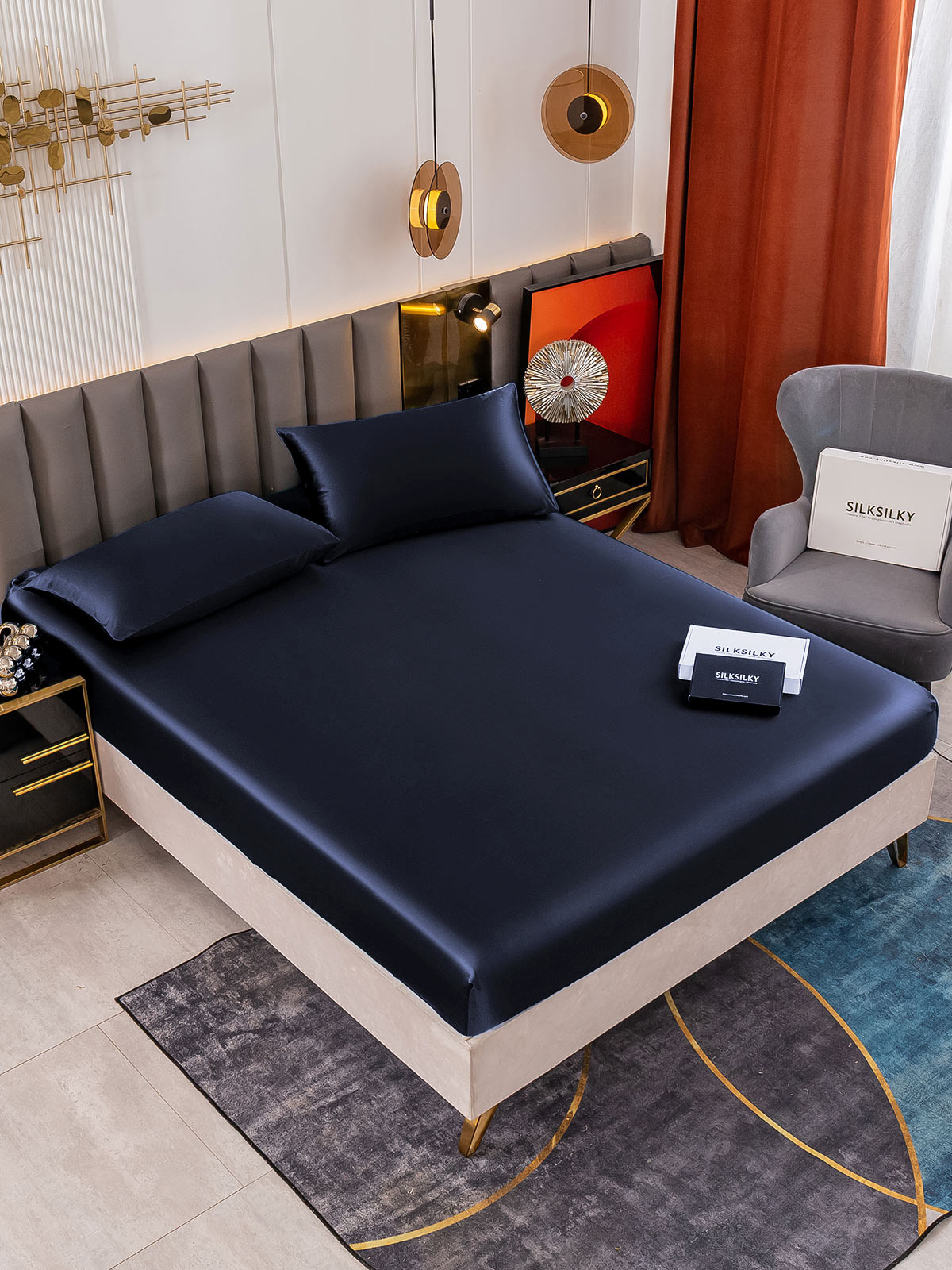 [Azul Oscuro] SilkSilky-ES 19Momme Seda Pura Bedding Set 001