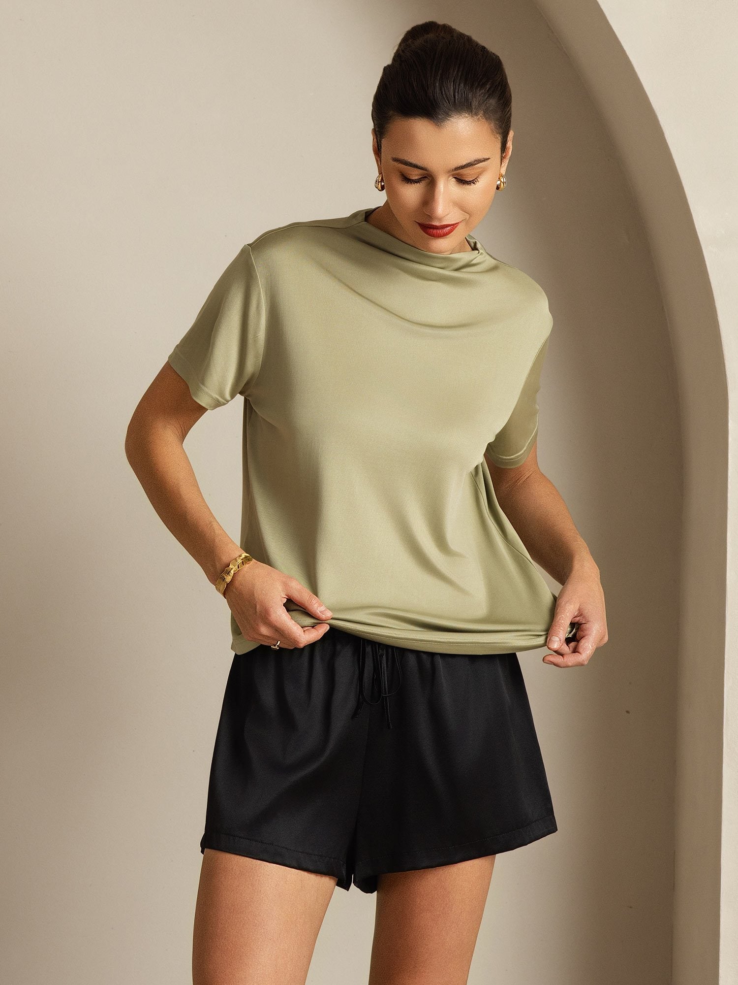 [Hierba Seca] SilkSilky-ES Seda Pura Cuello Camisero Camisetas de Mujer 007