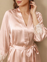 [Rosa] SilkSilky-ES 3/4 Sleeve V Neck Conjunto de camisón y bata 009