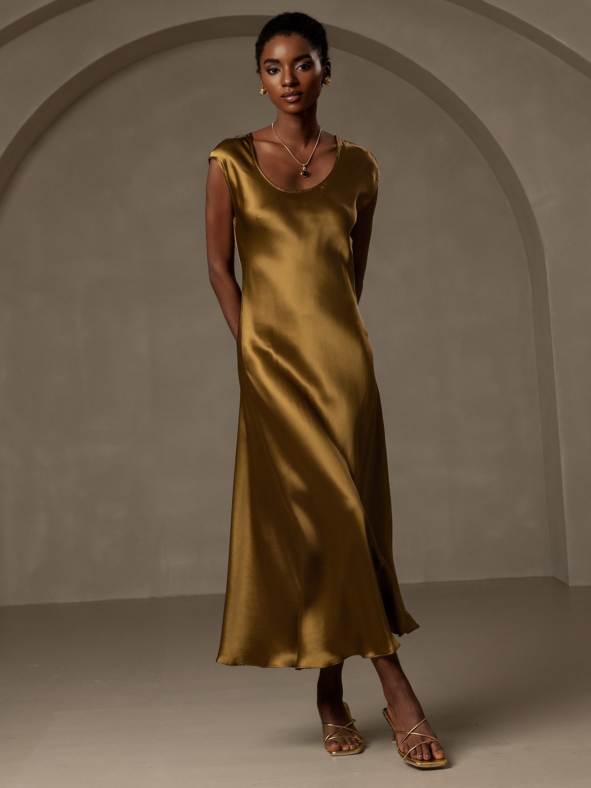 [Marrón] SilkSilky-ES 19Momme Seda Sin mangas Dress 007