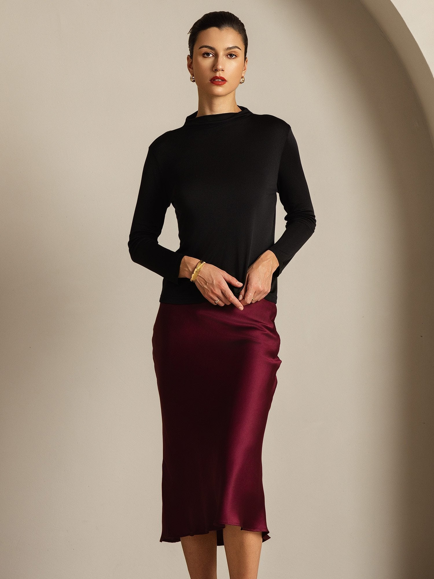 [Negro] SilkSilky-ES Seda Pura Womens T-Shirt 007