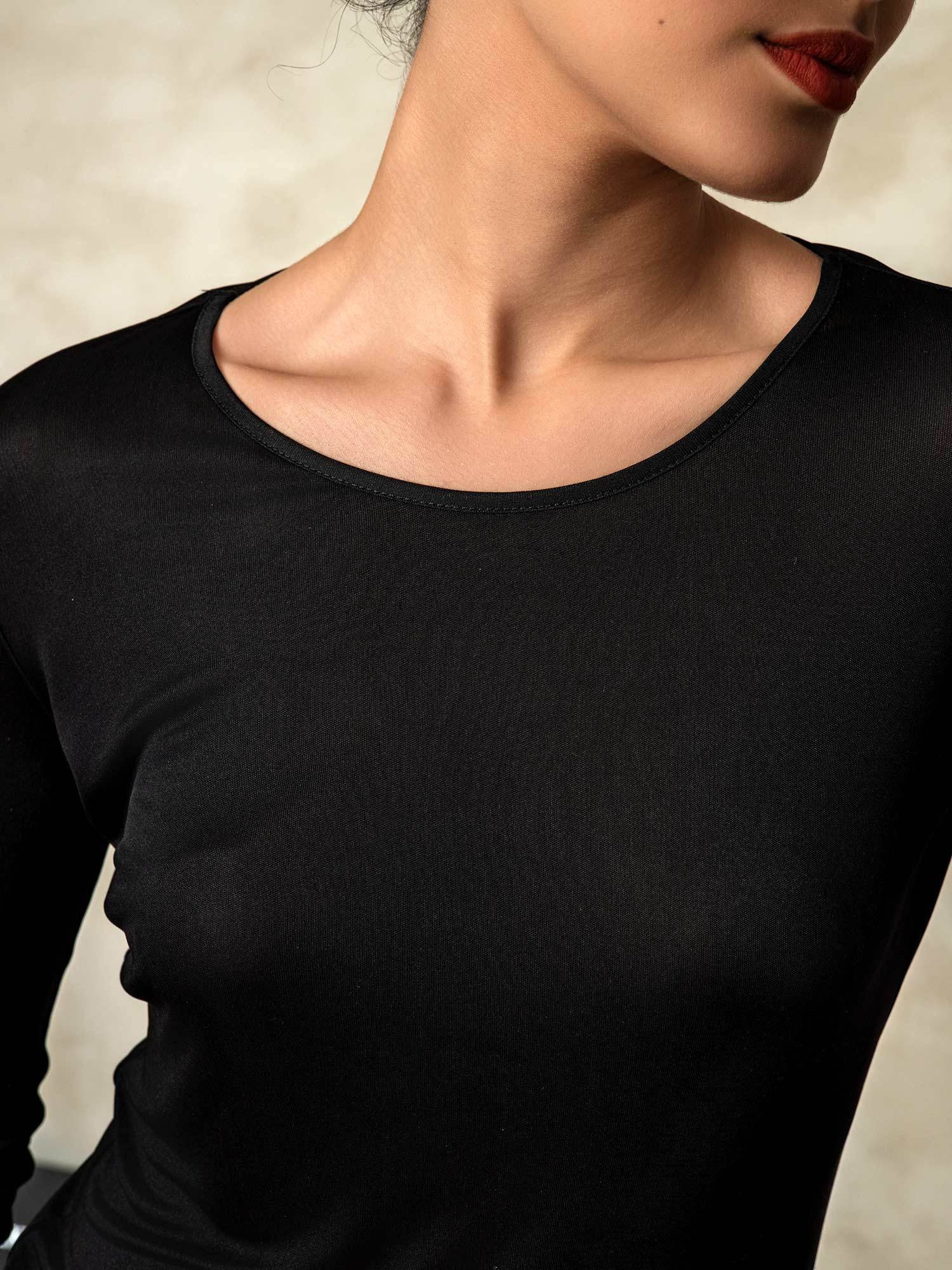 [Negro] SilkSilky-ES Manga larga Cuello Redondo Ropa Interior Larga Mujer 005
