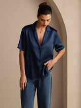 [Azul Oscuro] SilkSilky-ES Short Sleeve Lapel Collar Blusas de Mujer 005