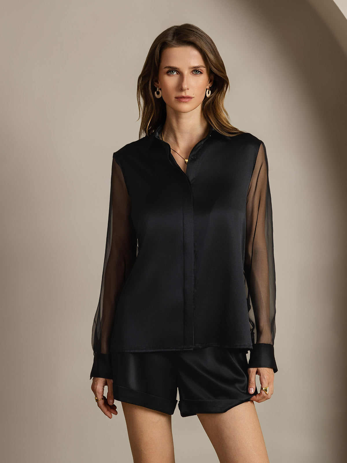 [Negro] SilkSilky-ES 19Momme Seda Lapel Collar Blusas de Mujer 001
