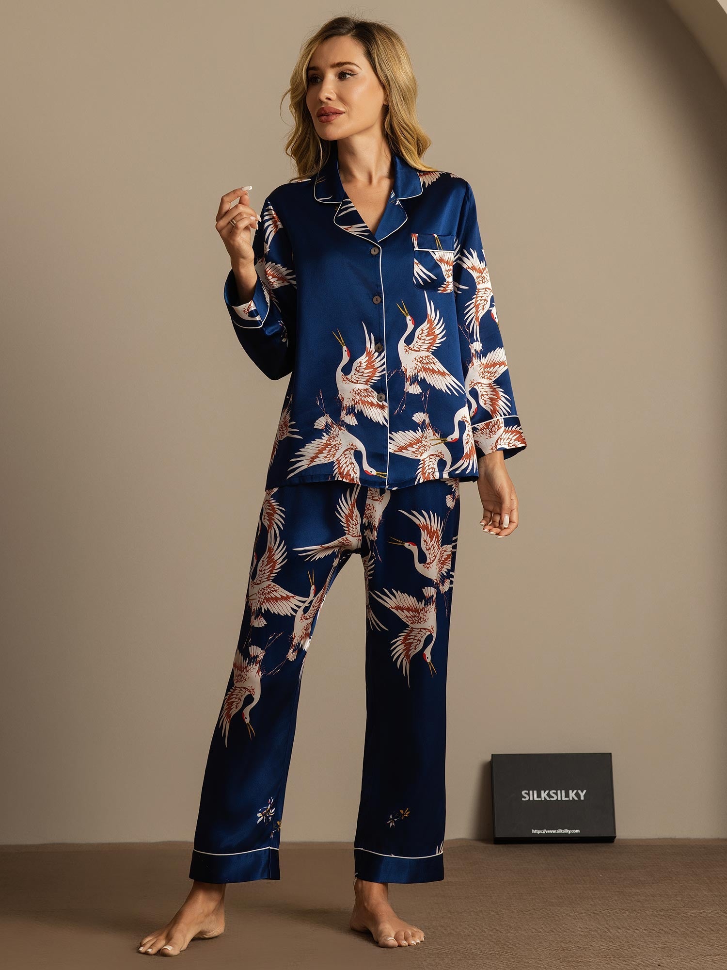 [Azul Oscuro] SilkSilky-ES 19Momme Seda Pura Womens Pajamas 003,