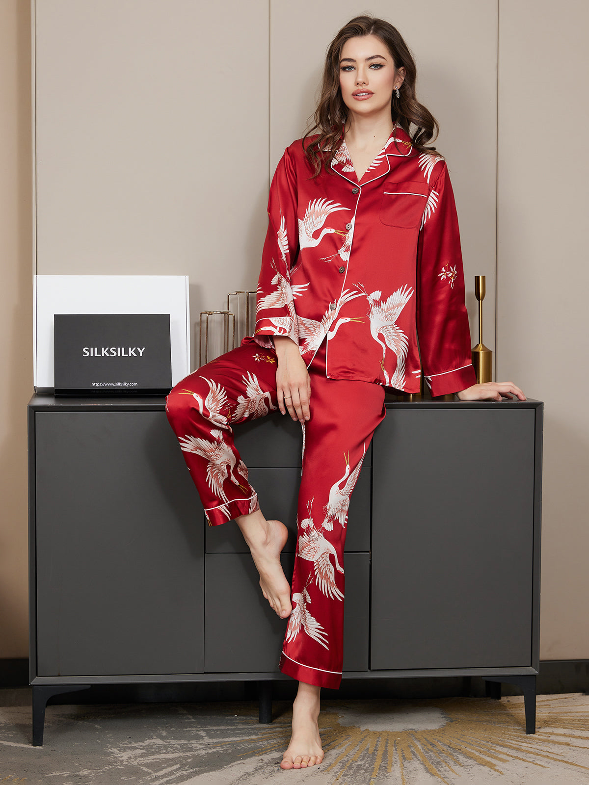 [Rojo Oscuro] SilkSilky-ES 19Momme Seda Pura Womens Pajamas 001,