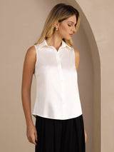 [Blanco] SilkSilky-ES Sleeveless Lapel Collar Blusas de Mujer 001