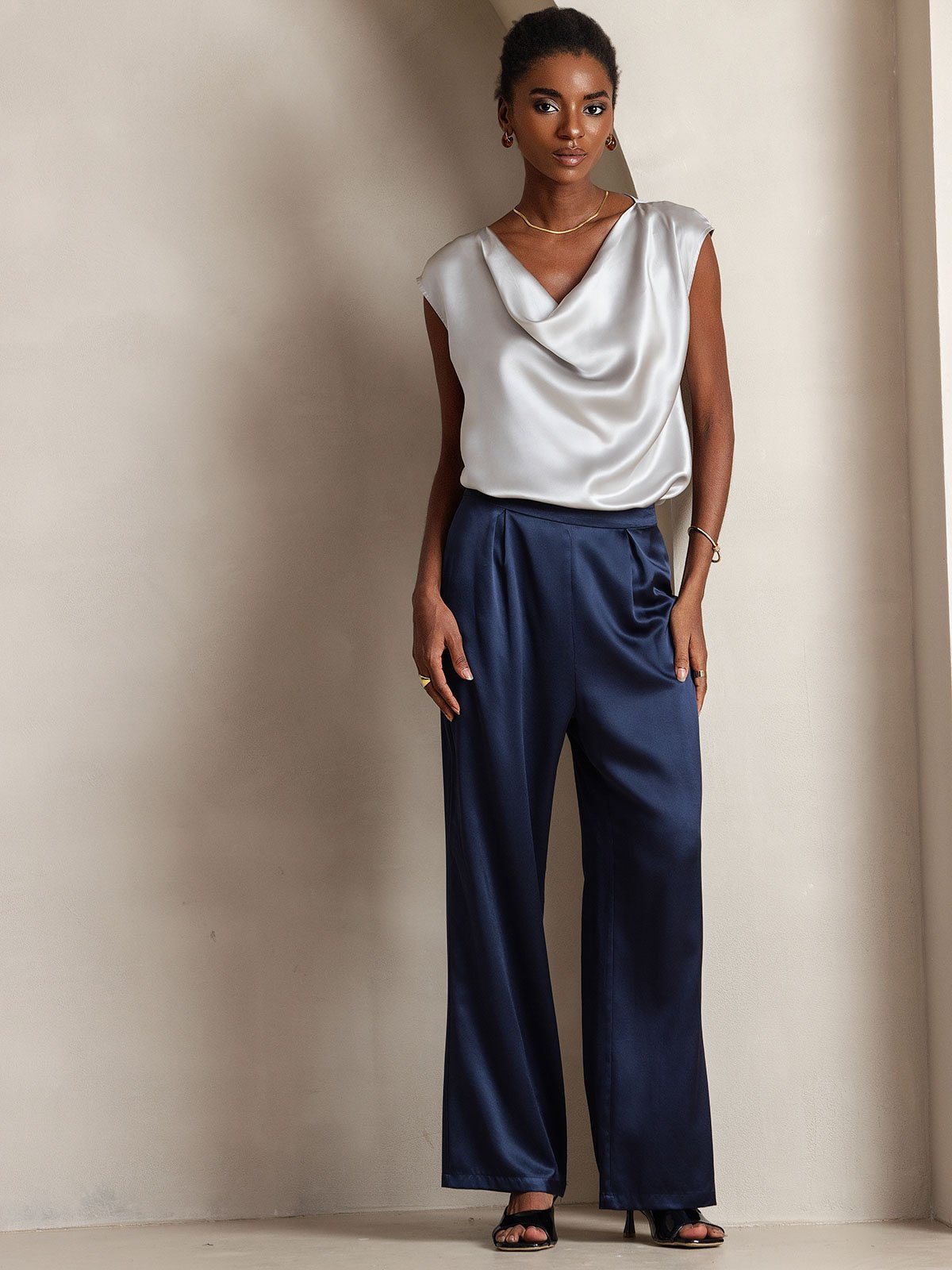 [Azul Oscuro] SilkSilky-ES 19Momme Seda Womens Pants 004
