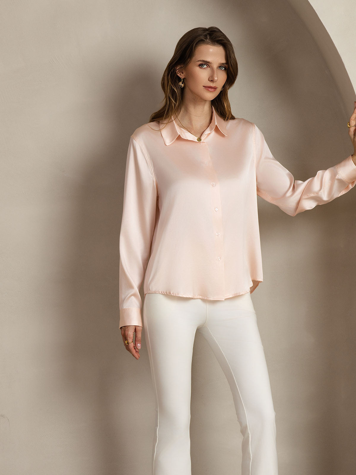 [Rosa Claro] SilkSilky-ES Seda Lapel Collar Blusas de Mujer 007