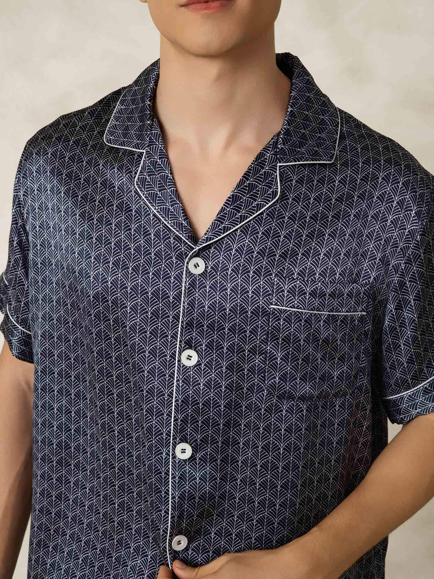 [GinkgoAzulMarino] SilkSilky-ES Seda Pura Lapel Collar Pijamas de hombre 007