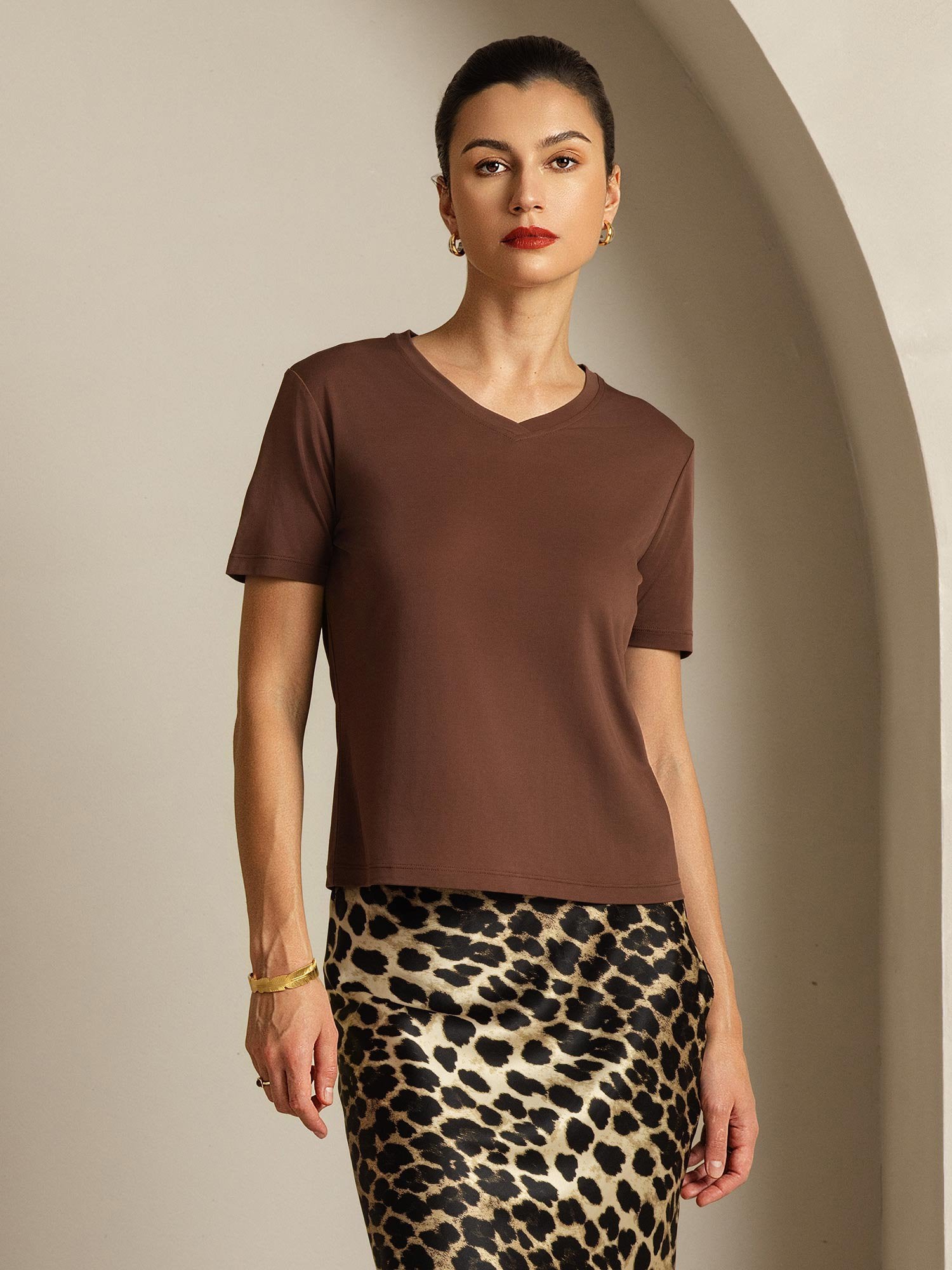 [Café] SilkSilky-ES Seda Pura Cuello en V Camisetas de Mujer 001