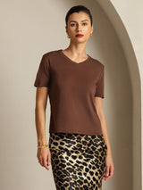 [Café] SilkSilky-ES Short Sleeve V Neck Camisetas de Mujer 001