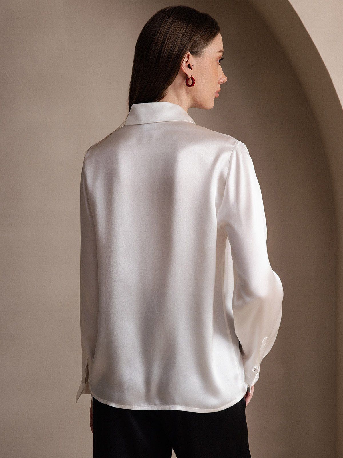 [Blanco] SilkSilky-ES 19Momme Seda Lapel Collar Blusas de Mujer 002