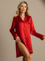 [Rojo] SilkSilky-ES Long Sleeve Lapel Collar Camisas de dormir 003