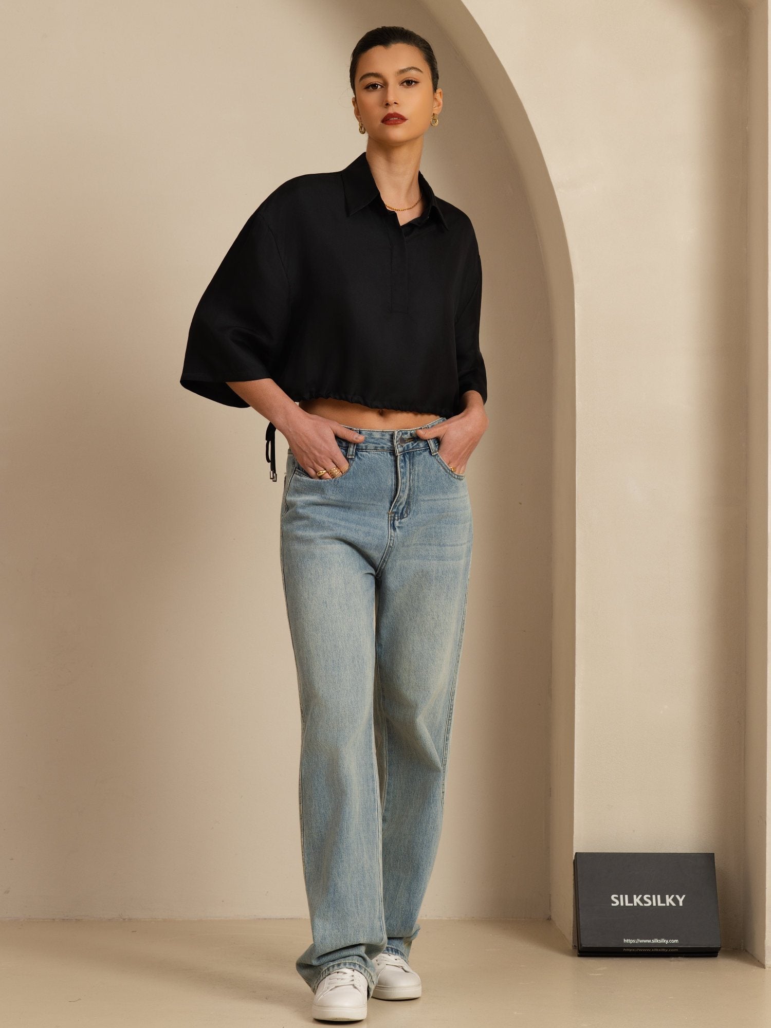 [Negro] SilkSilky-ES 18Momme A metà Cuello con Solapa Blusa 007