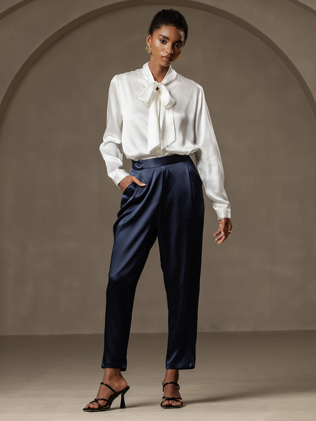 [Azul Oscuro] SilkSilky-ES 19Momme Seda Womens Pants 005